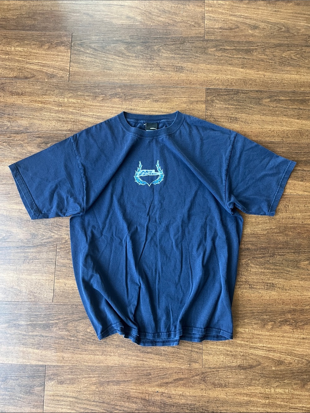 Men's navy blue no fear skull and flames graphic tee, baggy casual skater vibes